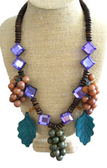 Statement Necklace Wood Beads Leaves Purple Resin Cubes Metal Vtg ARTSY GRAPES