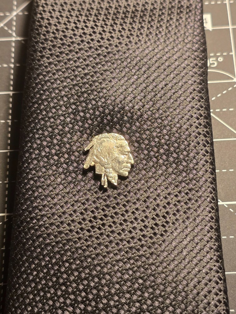 Vintage Native American Indian Head Tie Tack Lapel Pin w/ Chain Buffalo Nickel