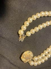 Pearl Necklace Faux Vtg 2 Strand 23” L Leaf Pattern Clasp 5 Missing Rhinestones