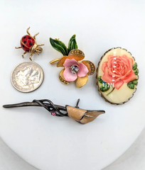 Vintage Flower Brooch Lot Rose Ladybug Enamel Floral Pins 4 Piece Collection