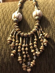 Vintage Stone Wood & Metal Beaded Necklace. Ethnic Art Design Hook Closure 23”