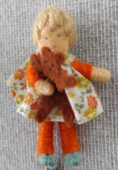 VTG Handcrafted Doll Pin Orange Holding Bear Brooch Stick Pin 2 3/4″ Worry Doll