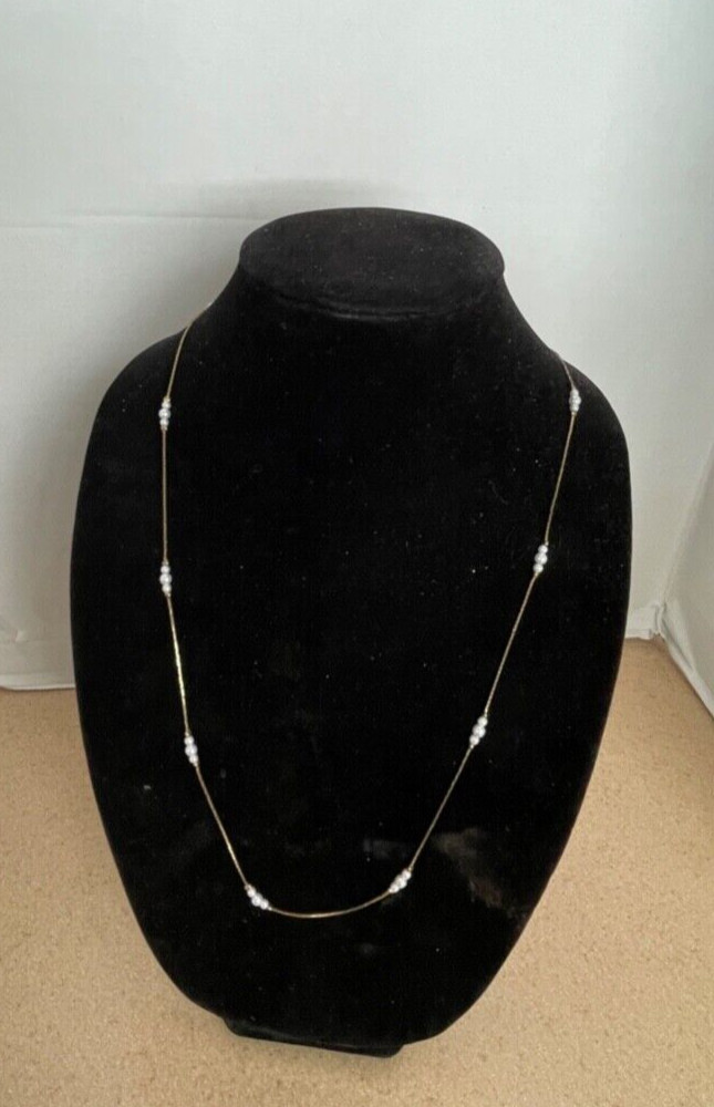Faux Pearl Station Necklace Gold Tone Metal Vintage Korea 30″ long M160