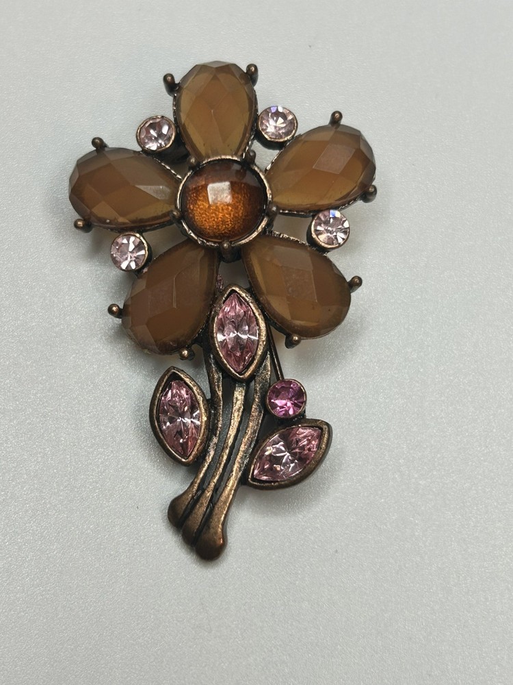 Vintage Floral Pin Brooch with Pink and Orange Rhinestones