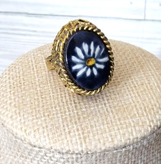 Vintage Blue Glass Ring Floral Dome Gold Tone Metal Band Adjustable Etched