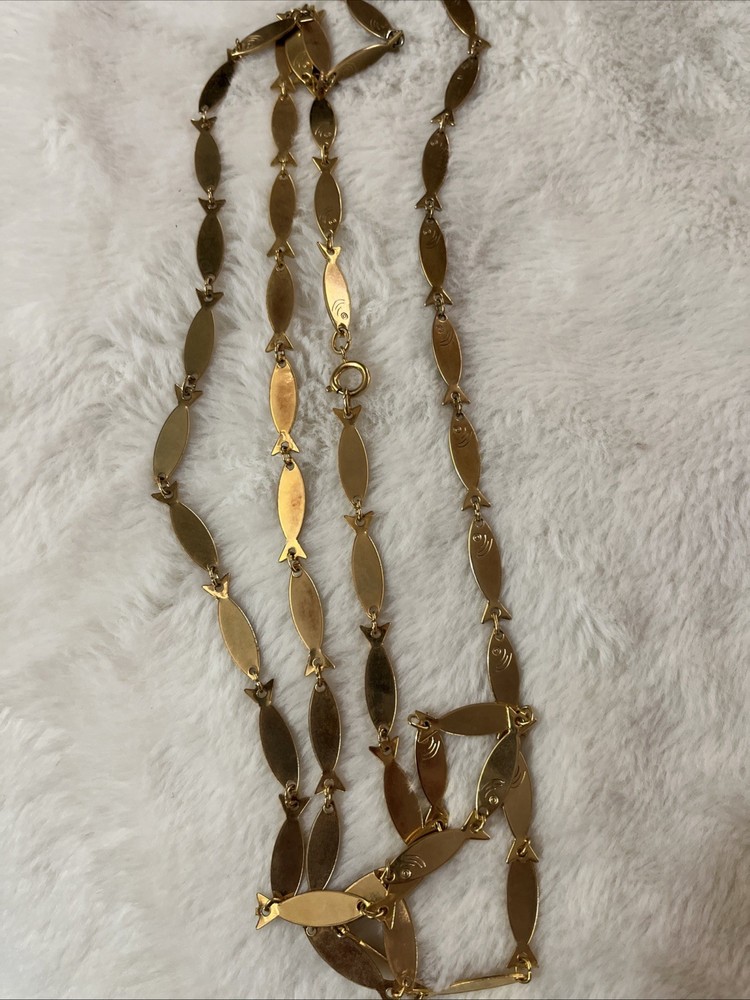 Vintage Goldtone Fish Link Necklace 48” Rare