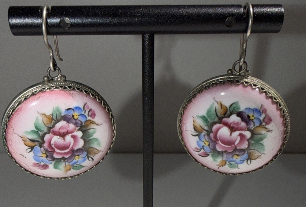 Vintage Earrings Rostov Finift Russian Enamel Painted Floral Dangle Silver Tone