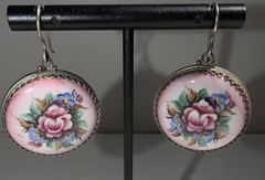 Vintage Earrings Rostov Finift Russian Enamel Painted Floral Dangle Silver Tone