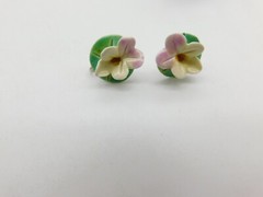 Lavender Yellow Porcelain Flower On Green Lily Pad Screw Back Earrings Vintage