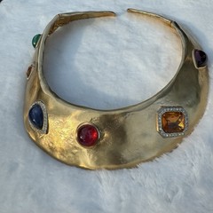 RARE VTG LES BERNARD Gold Tone Faux Gemstone Rhinestones RUNWAY Collar Necklace