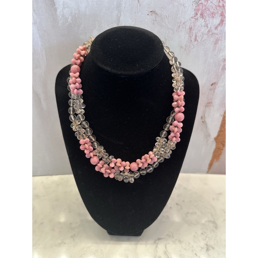 Miriam Haskell Vintage Pink Floral and Clear Glass Bead Necklace Patented Clasp