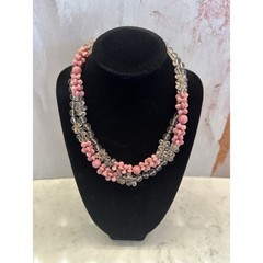 Miriam Haskell Vintage Pink Floral and Clear Glass Bead Necklace Patented Clasp
