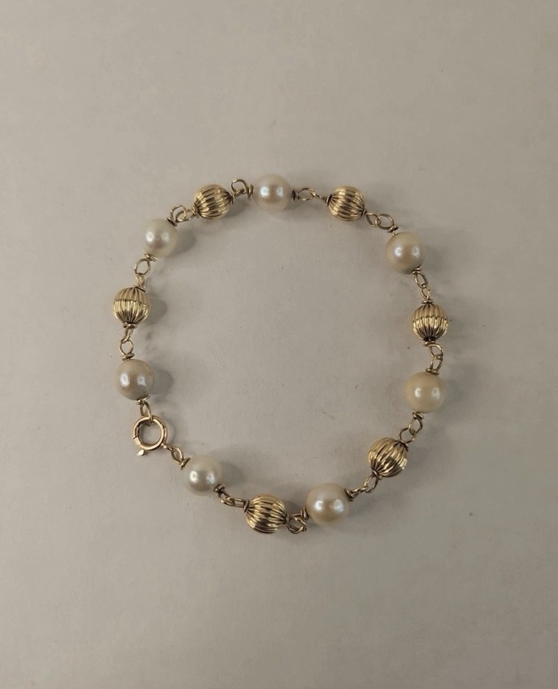 Vintage 14k Yellow Gold and Pearls Fluted Bead Bracelet See Description