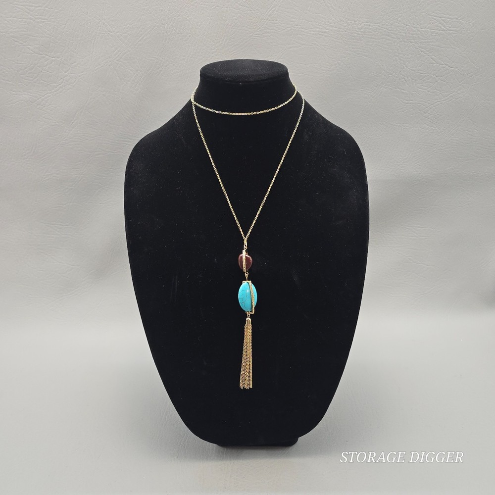 Vintage SHB Turquoise Howlite Tassel Pendant Gold Tone Chain Necklace 33″ Long