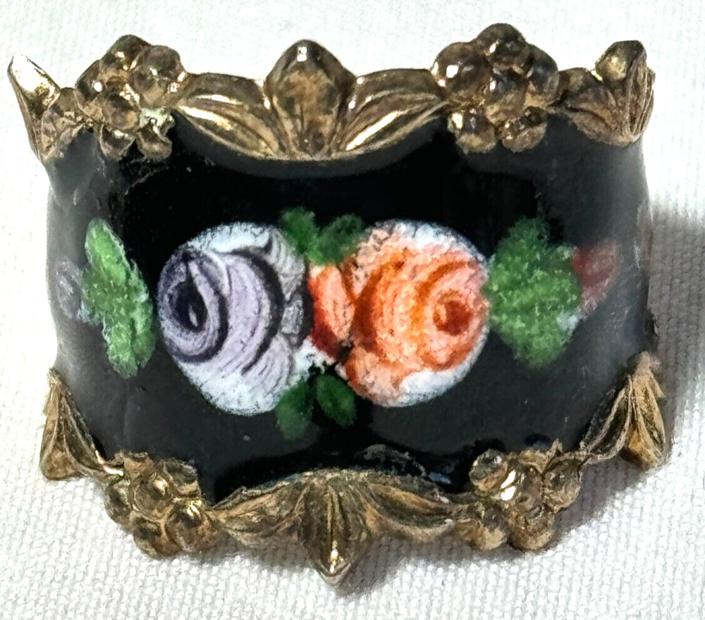 VINTAGE STERLING WIDE FLOWER ROSE ENAMEL CIGAR BAND RING SIZE 7.25 – FREE SHIP