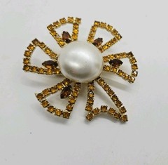 Flower Brooch Brown Crystal Faux Pearl Center Gold tone Large 2.5 in