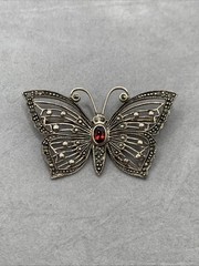 Vintage M Sterling Silver Garnet & Marcasite Filigree Butterfly Brooch 2″
