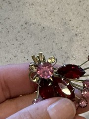 Vintage Juliana style Red Navette pink Chaton Rhinestone spray clip earrings