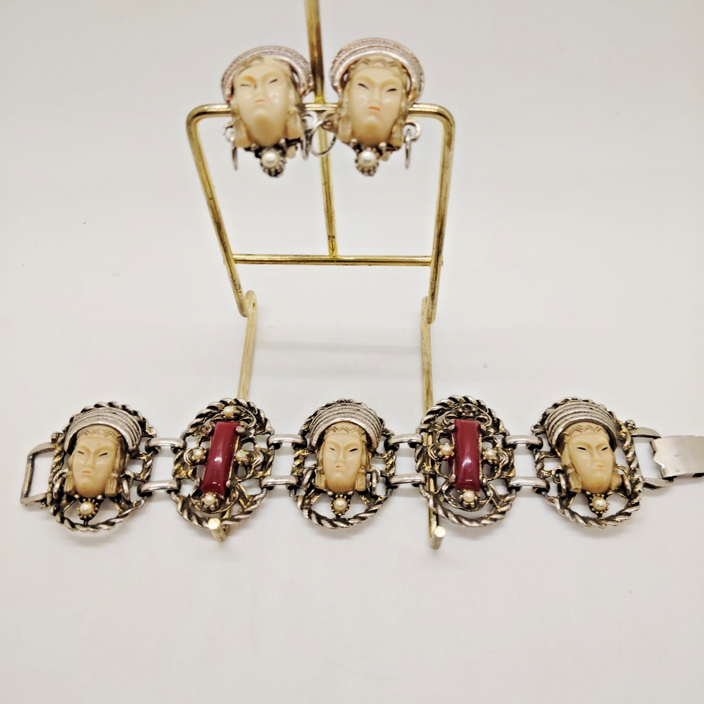 Vintage Many Faces of Selro Selini Figural Bracelet & Matching Clip-on Earrings