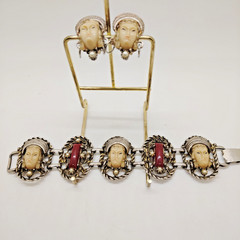 Vintage Many Faces of Selro Selini Figural Bracelet & Matching Clip-on Earrings