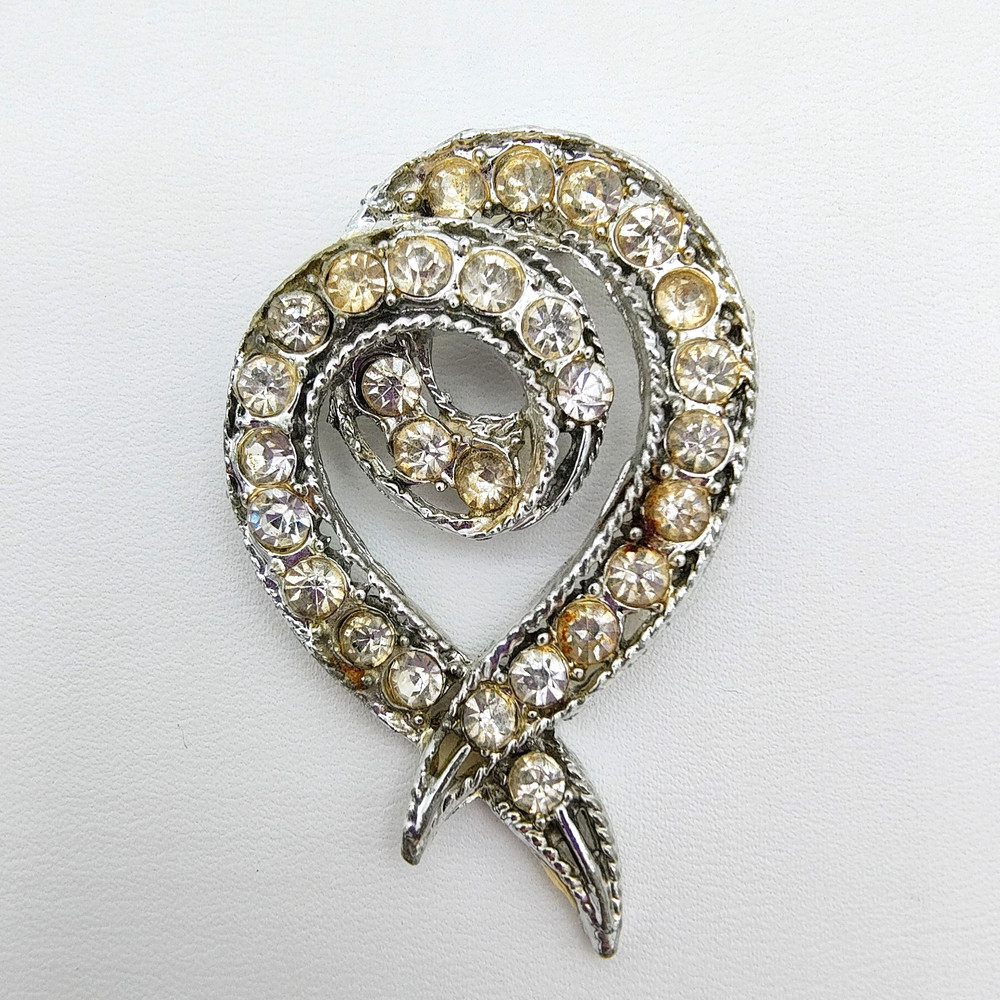 Vintage Rhinestone Ribbon Brooch Silver Tone Contemporary Minimalist