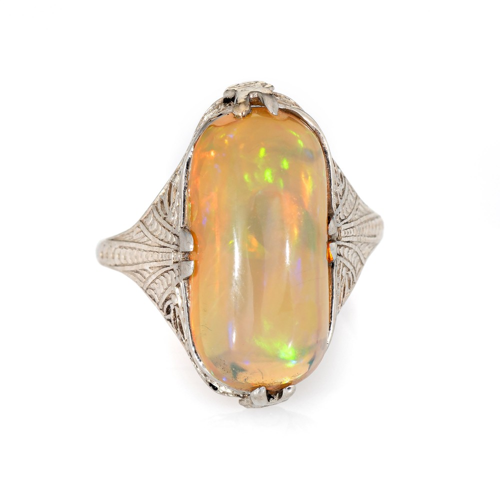 Vintage Belais Art Deco Opal Ring 14k White Gold Sz 5 Filigree Fine Jewelry
