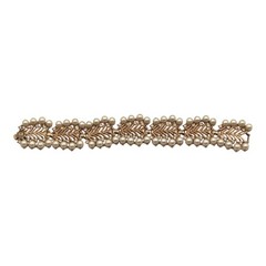 Vintage Crown Trifari Faux Pearl Rhinestone Feather Chevron Gold Tone Bracelet