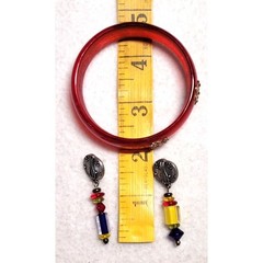 6 3/4″ Red Glass Bangle Bracelet & Red Yellow Blue Beaded Dangle Drop Earrings