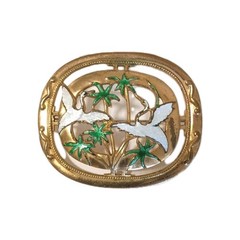 Art Nouveau Unique Brooch Enamel 1940s, Cut out Gold Tone Cranes Asian Export