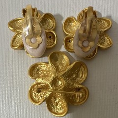 Gold Tone Flower Jewelry Set w/ Clear Round Rhinestones, Earrings & Brooch Pin