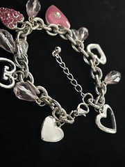Vintage Silver Tone Heart Charm Bracelet Pink Rhinestone Dangle Lobster 8.5”Adj