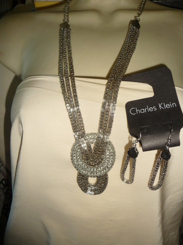 CALVIN KLEIN SILVER TONE SET MESH CHAIN STATEMENT EARRING NECKLACE #5/23=T
