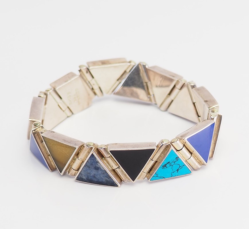 Vintage sterling silver gemstones triangle geometry modernist bracelet Taxco
