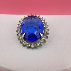 Vintage Crystal Brooch Pendant LG Blue Oval Faceted Stone Open Back Prong Set