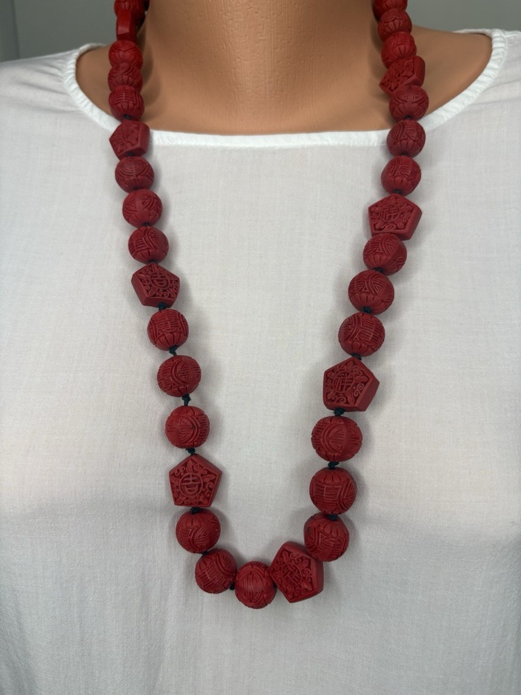 Vintage Chinese Cinnabar Carved Red Bead Necklace & Earrings Set