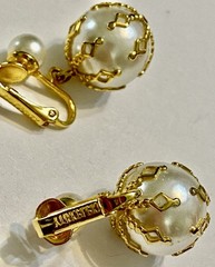 Vintage CELEBRITY Signed Gold Filigree Cage Pearl Orb Statement Clip On Earrings