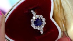 Art Deco Lab Created Diamonds ring with blue sapphire 14k White Gold Finish Ring