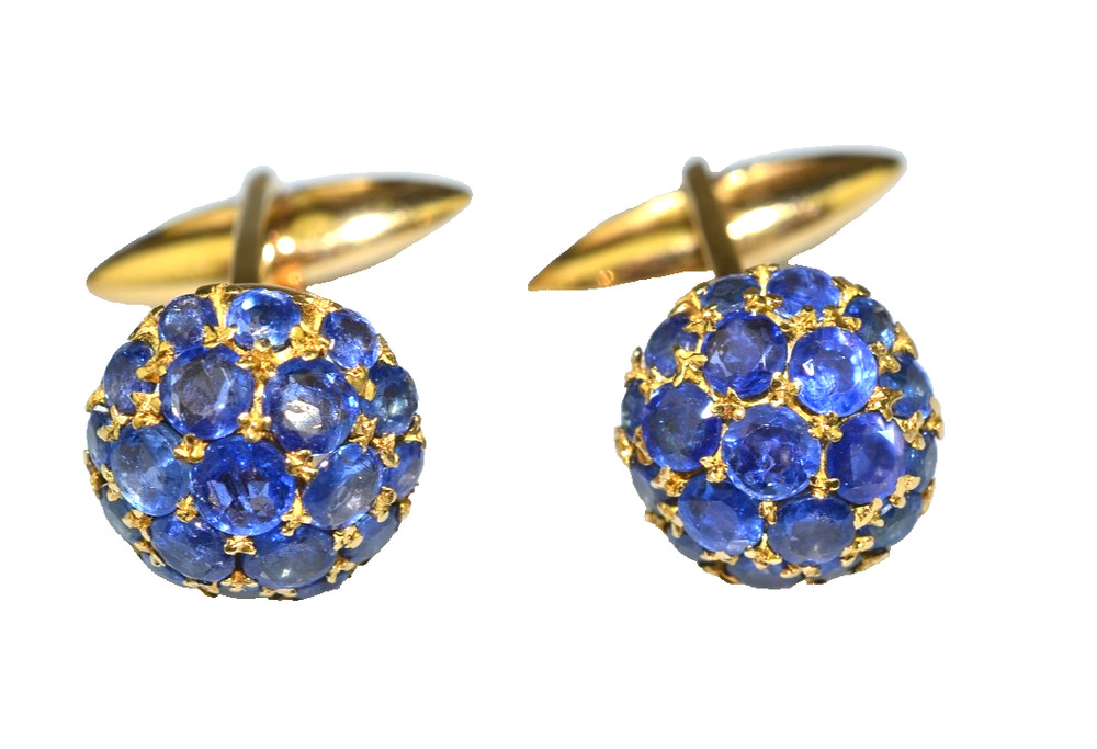 VINTAGE 14K YELLOW GOLD GENUINE SAPPHIRE CUFFLINKS ROUNDED DOME 9.6 GRAMS