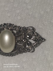 Vtg Sterling Silver Faux Pearl Marcasite Brooch Pin Art Deco Or Victorian