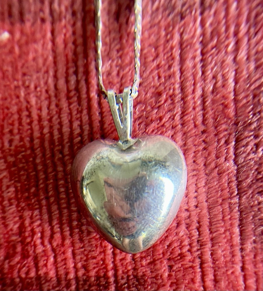 Vintage Sterling Silver Heart Bell Necklace, 8.5in Diamond-Cut Flat Curb Chain
