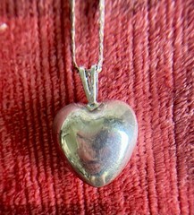 Vintage Sterling Silver Heart Bell Necklace, 8.5in Diamond-Cut Flat Curb Chain