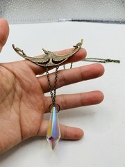 Vintage Style Art Nouveau Oxidized Brass Crane Bird w/ Rainbow Bead Necklace