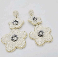 White Flower Seed Bead Earrings Dangle Pierced Beaded Chandelier 3.5 in
