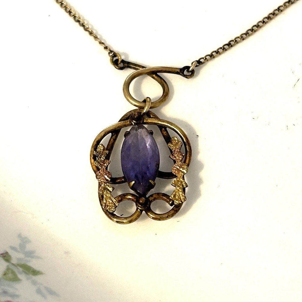 Antique Art Nouveau Lavalier Necklace Purple Glass Pendant Filigree Clasp c1900