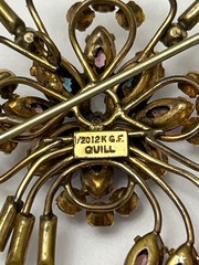 Quill 12K GF Gold-Filled Pink & Blue Floral Rhinestone Brooch Pin Vintage 1950s