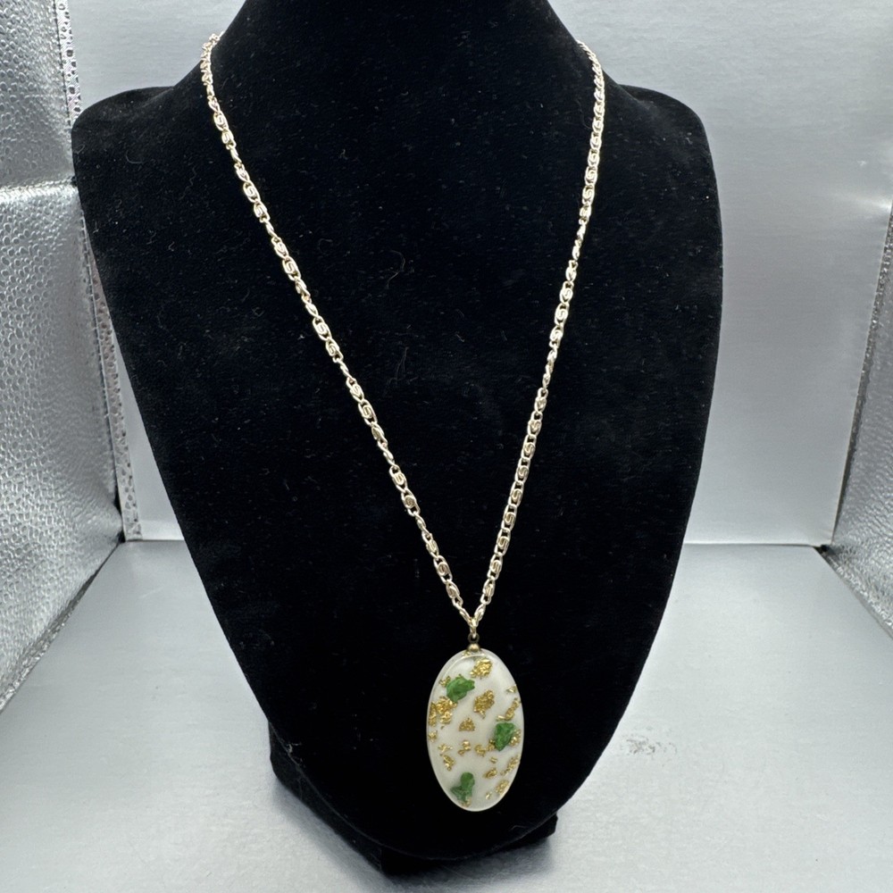 Silver Tone Germany Signed White Green And Gold Pendant Necklace Woman’s Fashion
