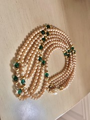 Vintage 4 Layered Ivory Pearl Green Glass Crystal Pave Clasp Beaded 24” Necklace