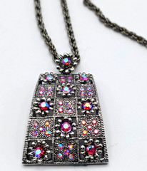 AB Rhinestone Pendant Necklace Aurora Borealis AB Gunmetal Windowpane Floral 28″
