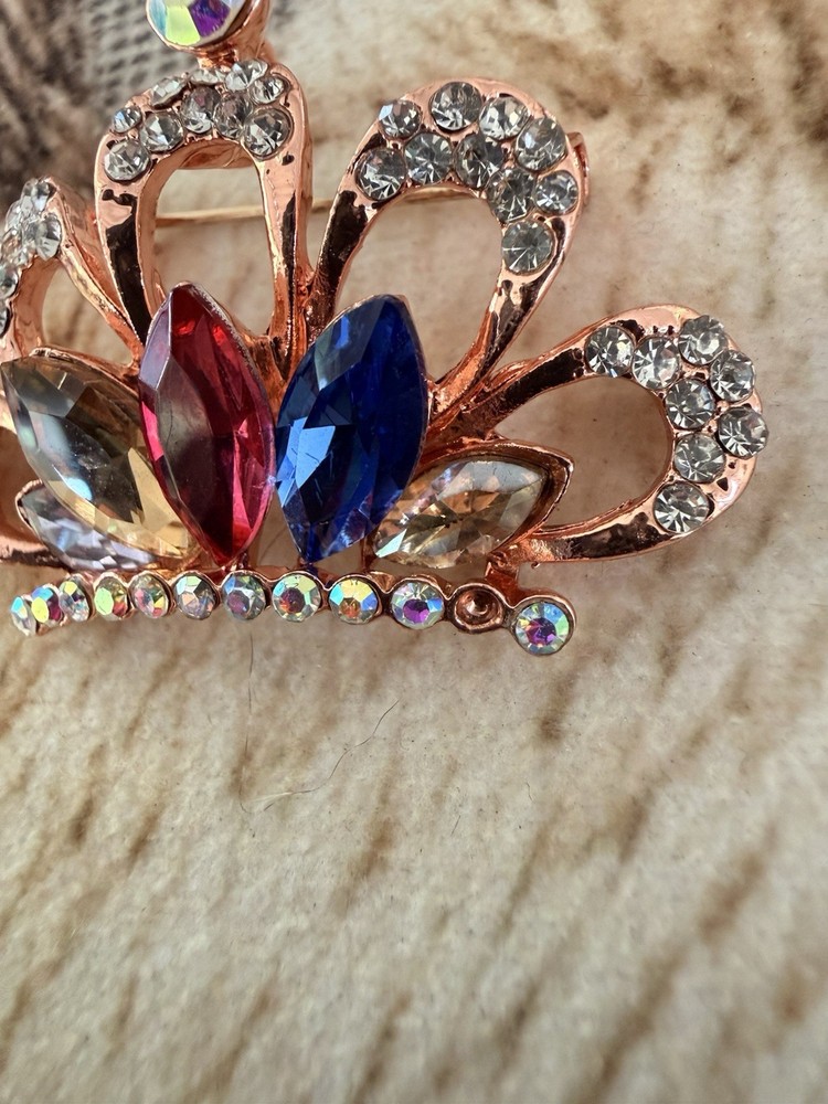 Rose Gold Crown Brooch Multicolor Marquise Rhinestone AB Crystal Pin AS IS