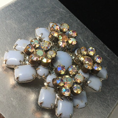 Vtg Maltese Cross Blue Milk Glass Brooch Pin AB Crystal Floral Accents 2.4″